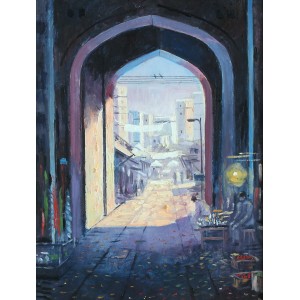 Ghulam Mustafa, Small Gate (Dark), 18 x 24 Inch, Oil on Canvas, Cityscape Painting, AC-GLM-033
